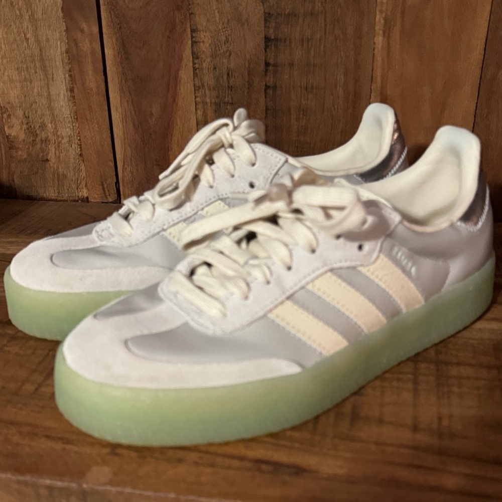 Adidas White and Silver Shoes with Green Soles